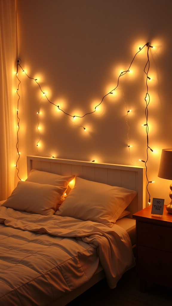 A cozy bedroom with twinkling string lights above the bed, creating a warm atmosphere.