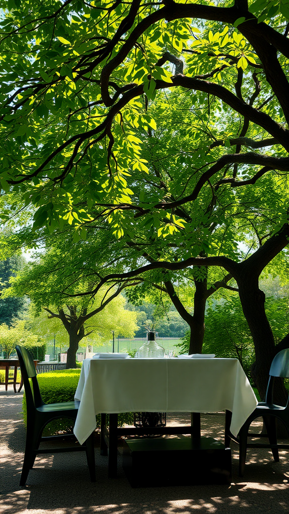 A cozy dining setup under green trees with a table set for two.