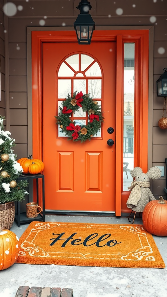 Two colorful door mats at an entrance, one saying 'HELLO' and the other 'AIN'T IT THE WINTER?', with a wintery outdoor view