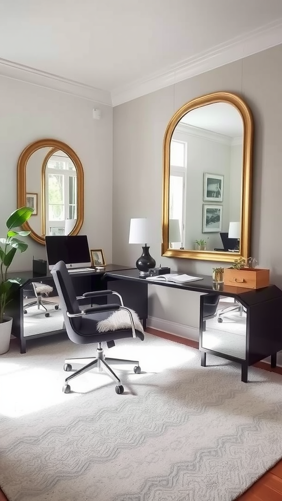 Cozy home office setup with mirrors enhancing the space.