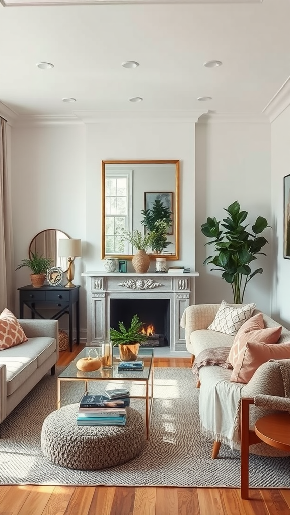 A cozy living room featuring a large mirror above the fireplace, plants, and warm decor.