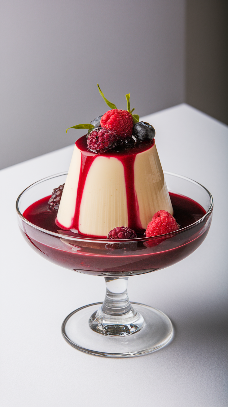 A beautiful serving of vanilla panna cotta topped with berry sauce and fresh berries