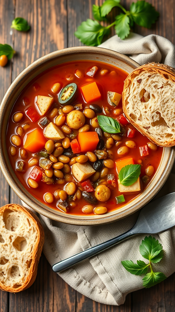 A bowl of vegetable and lentil stew with various vegetables and a side of bread.