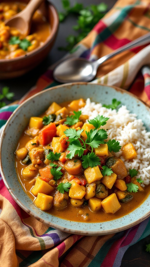 Bowl of vegetable curry with coconut milk served with rice, garnished with cilantro.