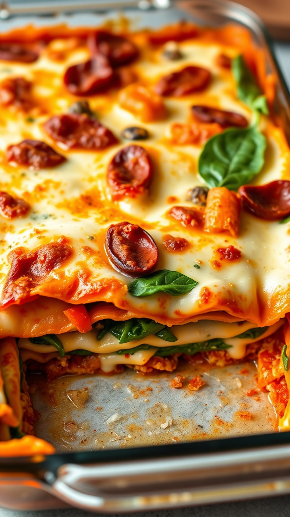 A close-up of vegetable lasagna with ricotta and spinach, baked in a glass dish