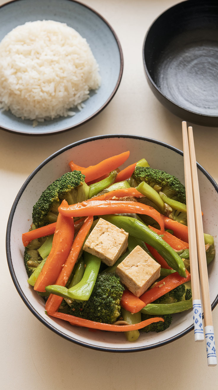 A colorful bowl of vegetable stir-fry with tofu, served with rice.