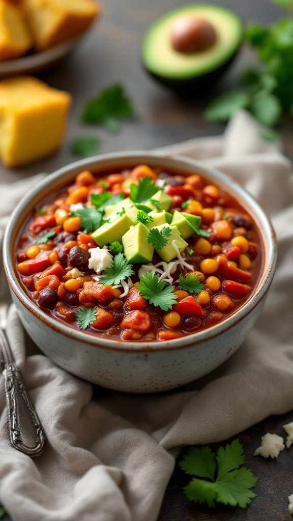 A bowl of vegetarian chili topped with avocado and cilantro, with cornbread and an avocado on the side.