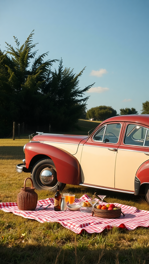 A vintage picnic setup with classic cars, picnic blanket, and drinks.