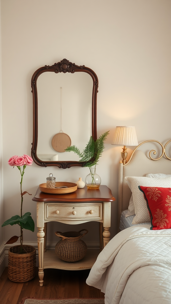 A cozy bedroom corner featuring a vintage bedside table, mirror, greenery, and decorative accessories.
