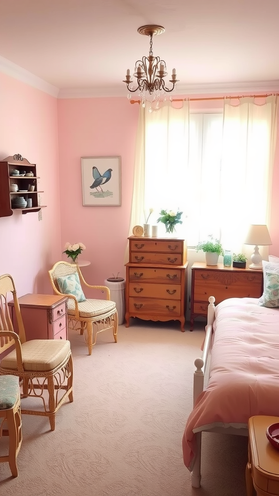 A cozy light pink bedroom featuring vintage furniture, including a chandelier, wicker chairs, and wooden dressers.