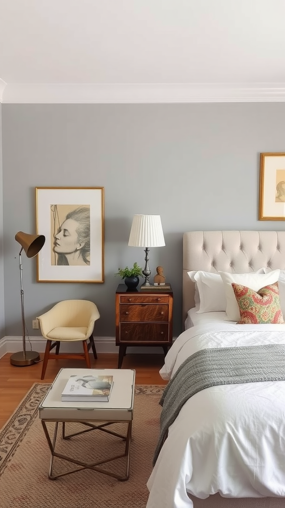 A modern bedroom featuring vintage furniture, including a nightstand and ottoman, with a cozy aesthetic.