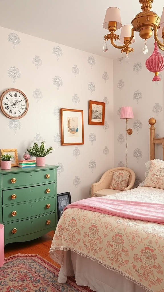 A vintage green dresser with pink details in a bedroom.