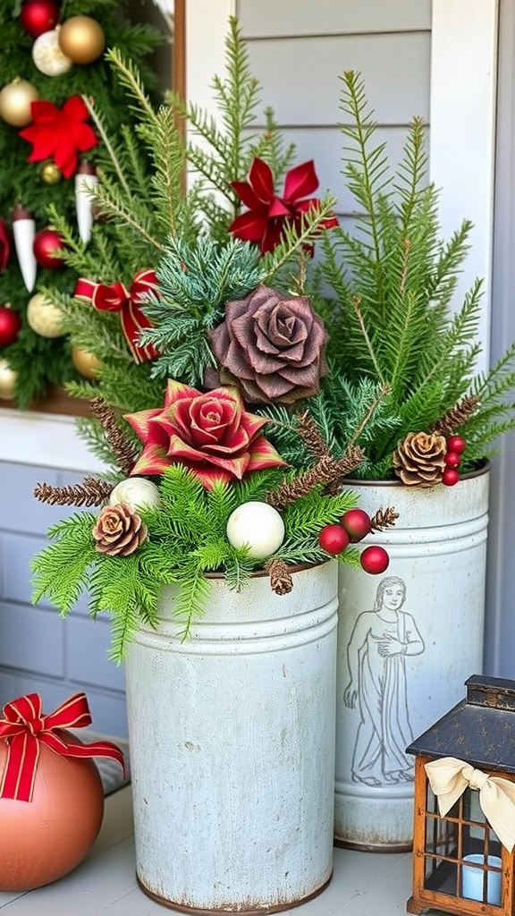 Vintage metal containers decorated with holiday greenery and ornaments