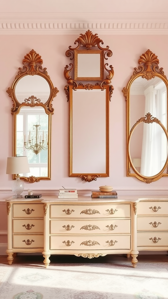 Three vintage mirrors with ornate frames on a light pink wall above a dresser in a cozy bedroom.
