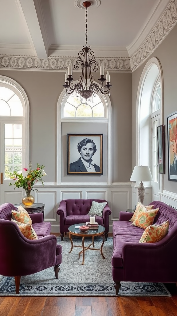 Cozy living room with plum sofas, floral pillows, and gray walls