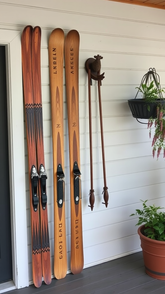 Vintage wooden skis displayed on a porch wall