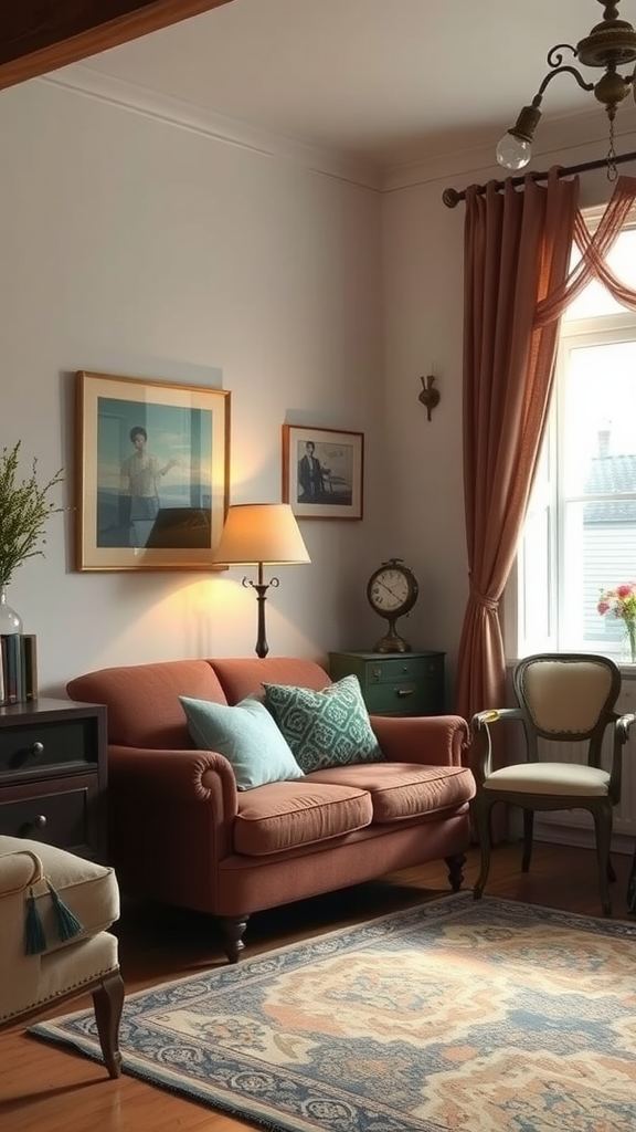 A cozy vintage living room with a rust-colored sofa, decorative cushions, framed pictures, an antique clock, and warm lighting.