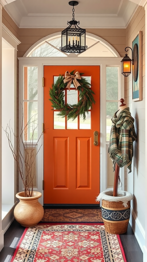 Winter entryway decor ideas. A warm entryway featuring a bright orange door with a decorative wreath, surrounded by warm-toned decor.