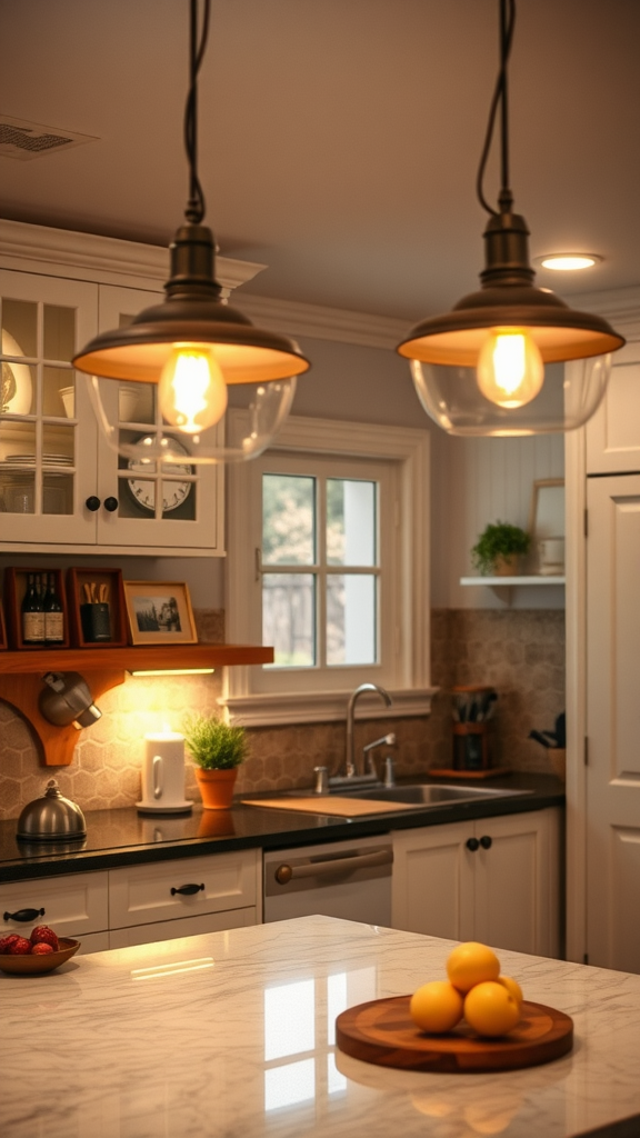 A modern kitchen with warm lighting, showcasing pendant lights and decorative shelves.