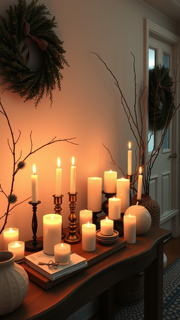 Warm candle arrangements on a table with a wreath on the wall