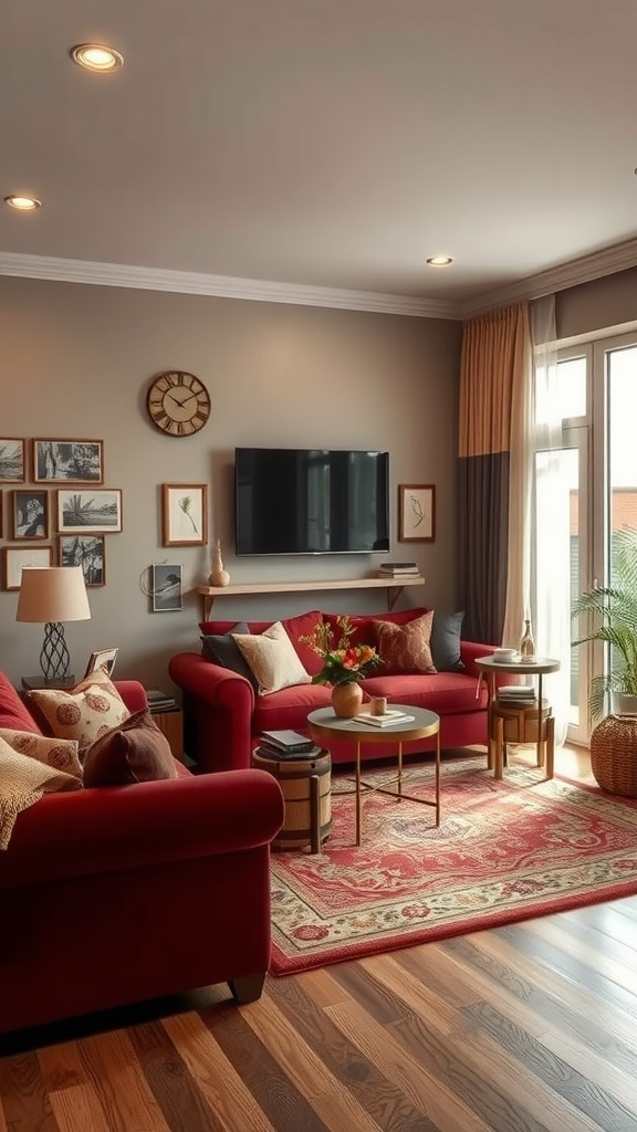 A cozy living room decorated with rich red sofas, a patterned area rug, and warm lighting.