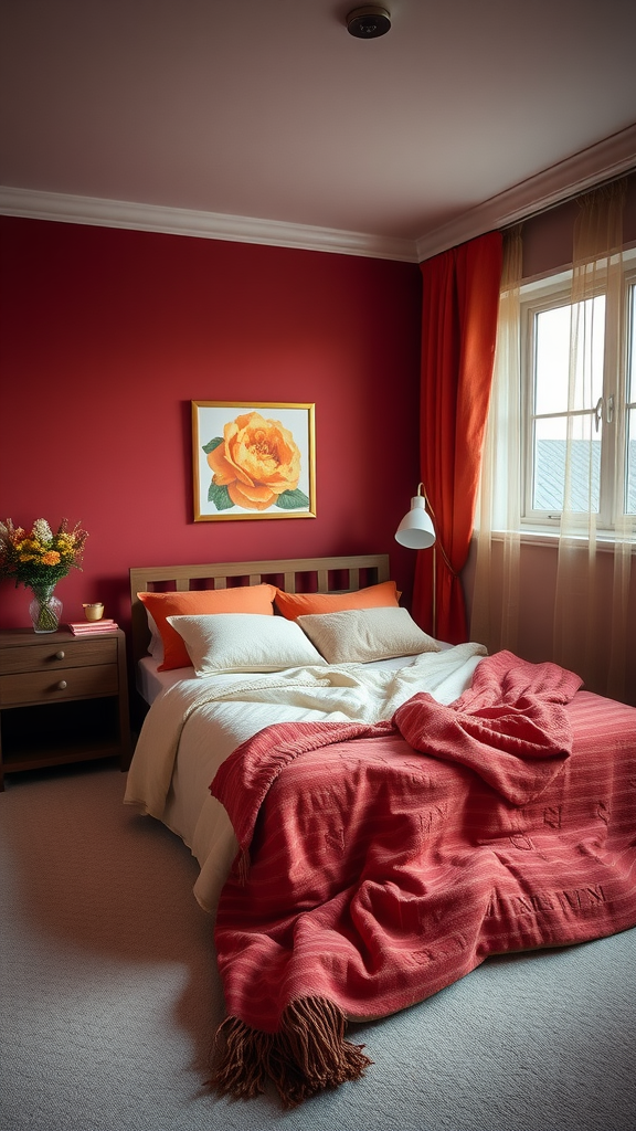 Cozy bedroom with warm color palette featuring red walls and orange accents