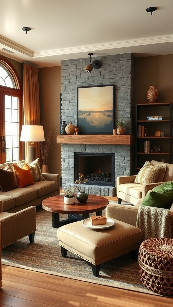 A cozy living room featuring warm earthy tones with a fireplace, comfortable seating, and decorative elements.