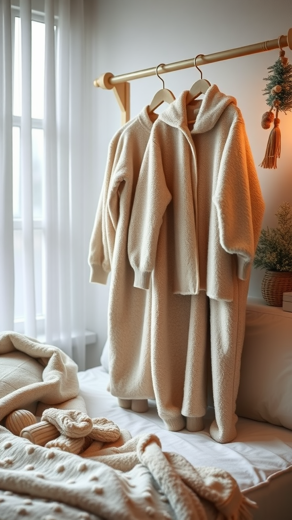 A display of warm fleece pajamas hanging in a cozy bedroom setting.