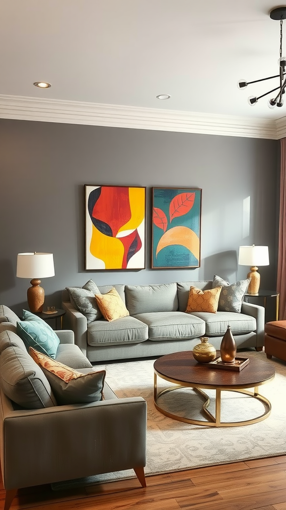 Living room with warm gray walls, colorful artwork, and cozy furniture.