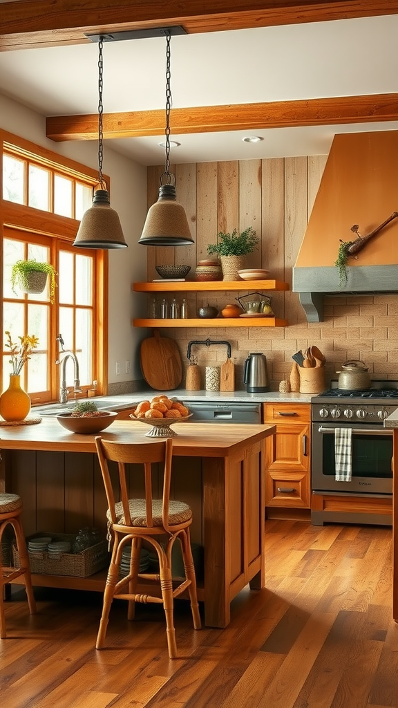 A warm, inviting kitchen with wooden cabinets, a sink, and a bowl of oranges on the counter.