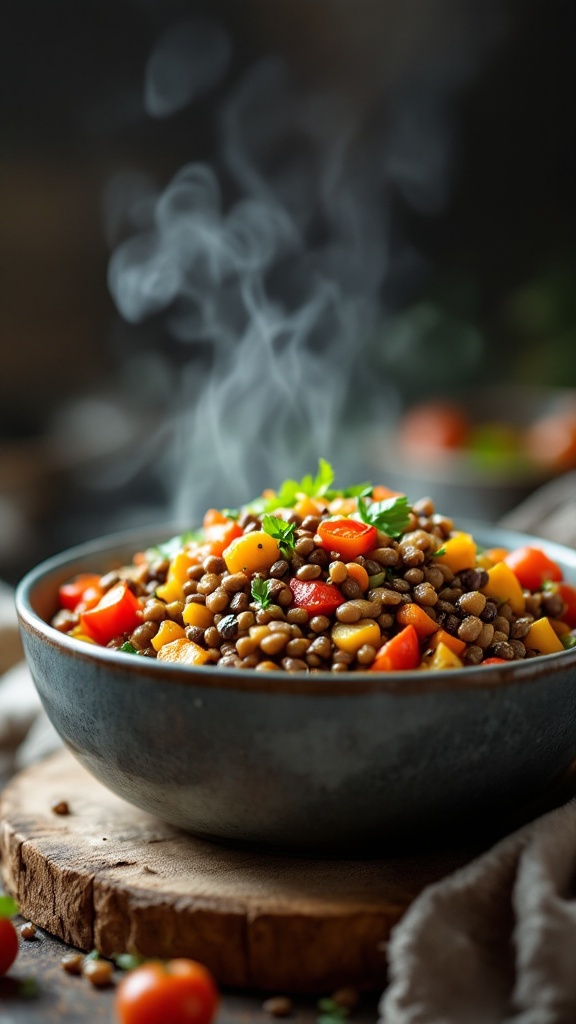 A steaming bowl of warm lentil salad with colorful vegetables.