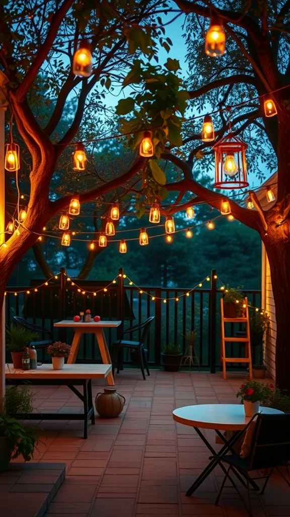 Cozy outdoor patio with warm lighting, featuring string lights and lanterns.