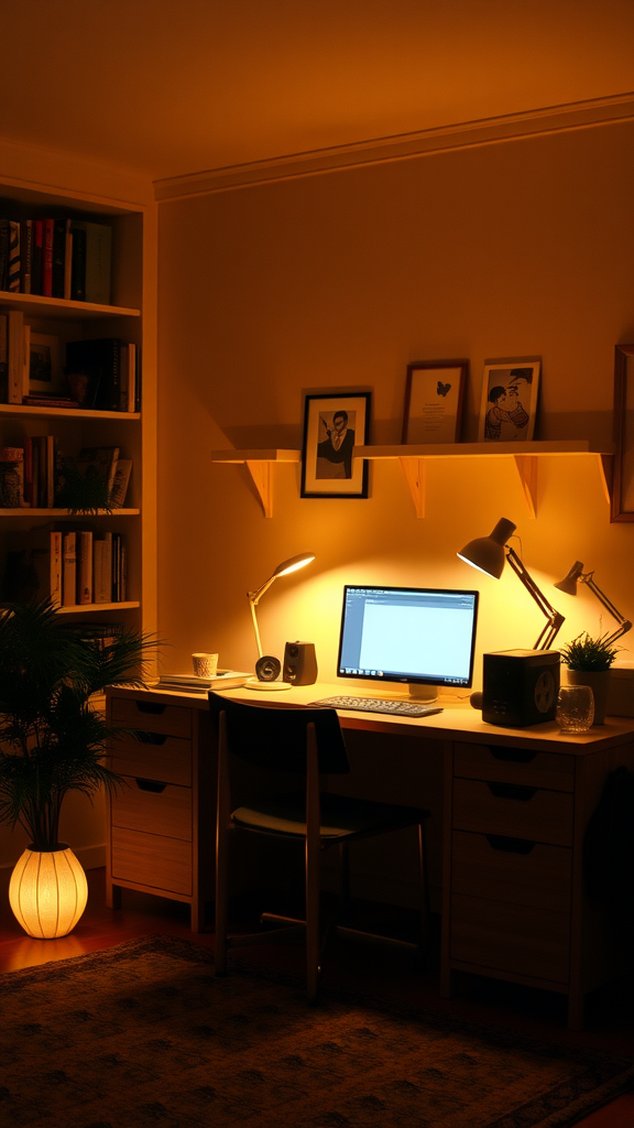 Cozy home office with warm lighting, featuring a desk, computer, and decorative elements.