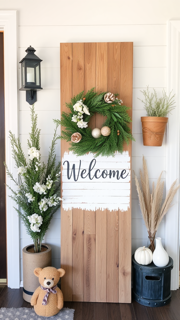 A wooden welcome sign with a wreath and decorative plants, featuring a teddy bear at the base.