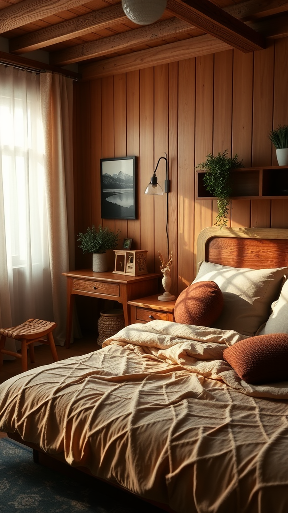 A modern bedroom featuring warm wood finishes and cozy decor.