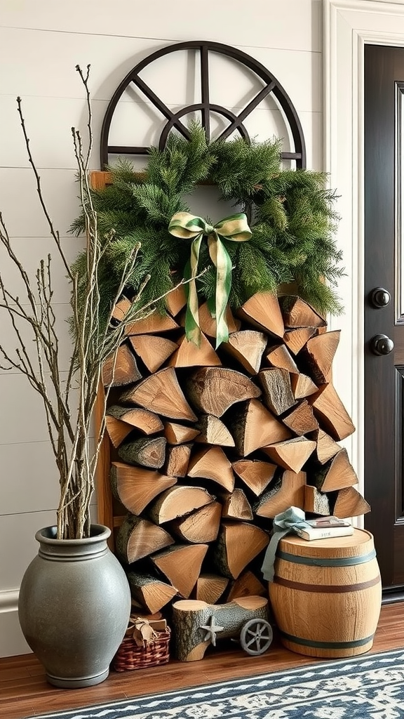 A cozy firewood display with a wreath, branches, and decorative elements in a welcoming interior.