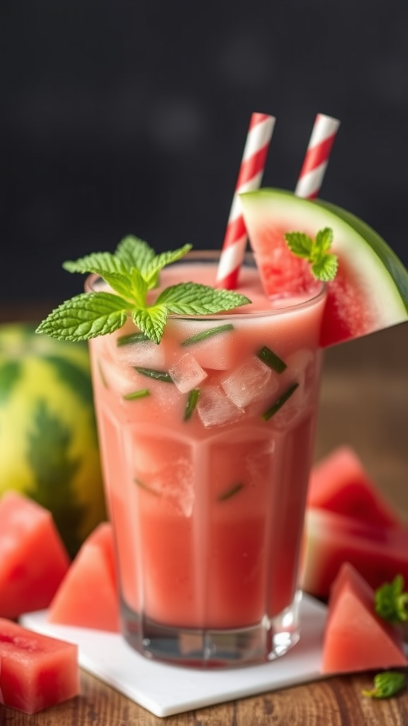 A refreshing watermelon mint drink with mint leaves and ice, served in a glass with striped straws.