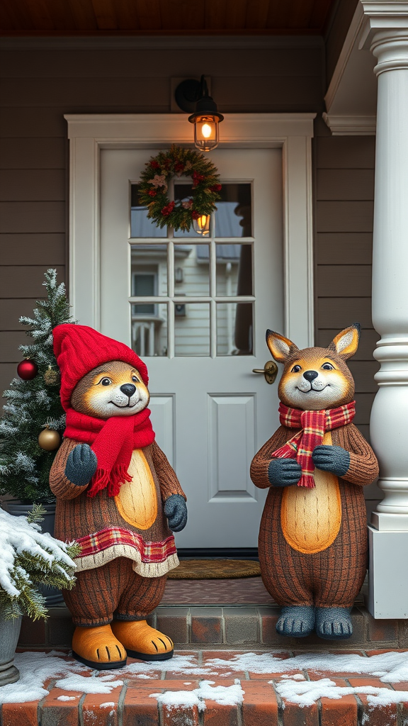 Two whimsical animal statues dressed in winter attire on a porch