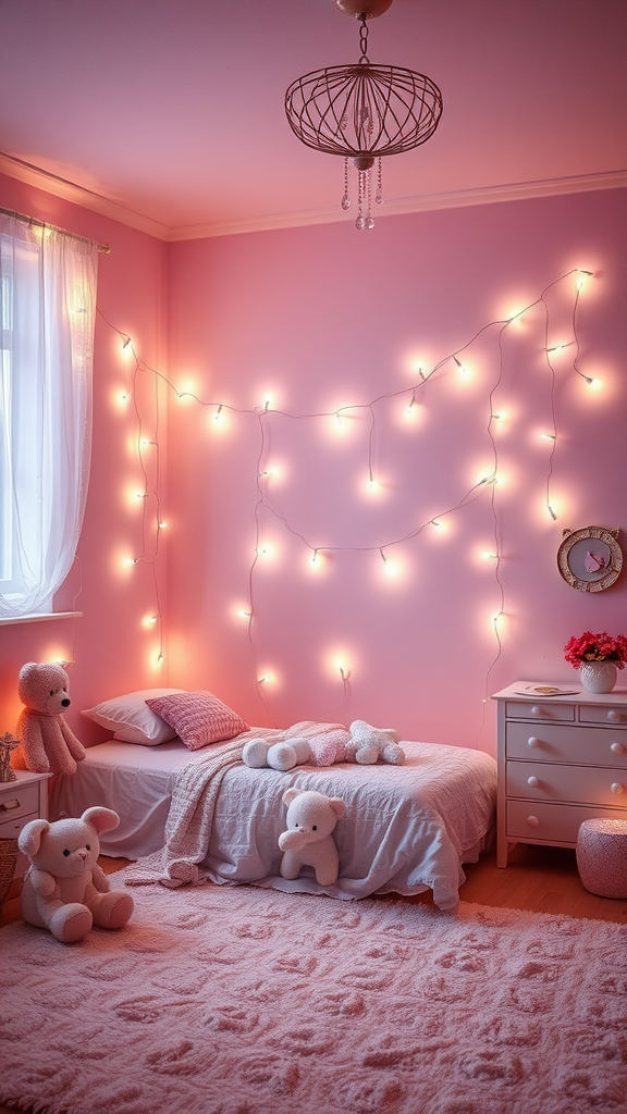 Cozy light pink bedroom with fairy lights and teddy bears