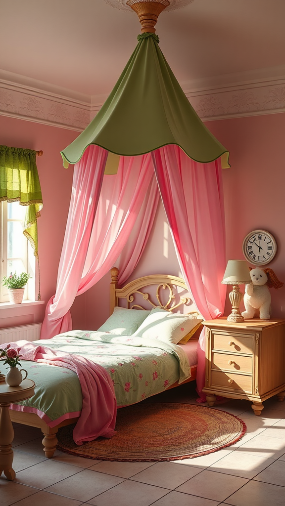 A whimsical bedroom featuring a green and pink canopy over a bed with floral bedding and a cozy atmosphere.