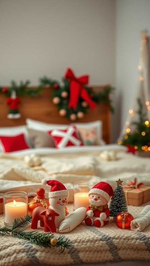 A cozy bedroom decorated for the holidays, featuring candles, festive figures, and a wreath.