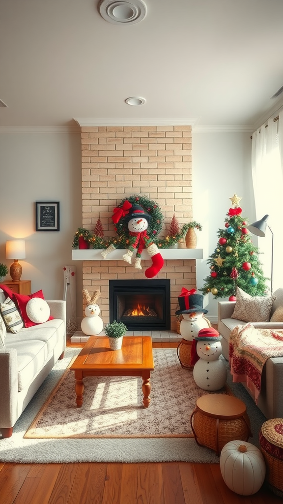 Cozy living room decorated for winter with a snowman, Christmas tree, and festive accents