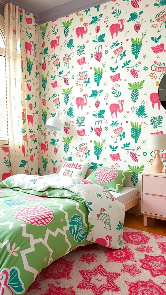 A whimsical pink and green bedroom featuring playful patterns on the walls and bedding.