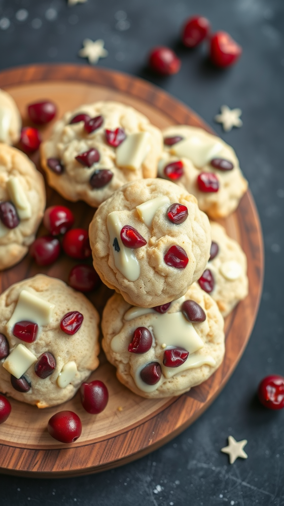 Plate of white chocolate cranberry cookies decorated with cranberries and white chocolate pieces