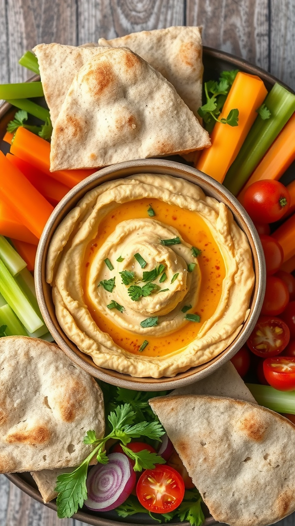 A delicious bowl of hummus surrounded by whole wheat pita, carrots, celery, and cherry tomatoes.