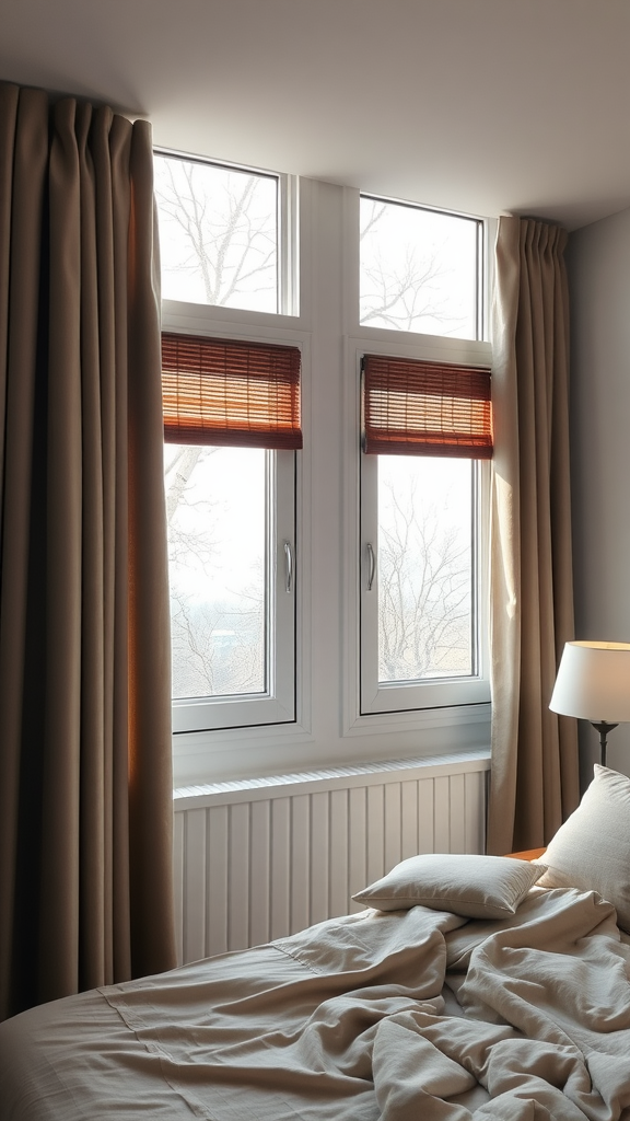 A cozy bedroom with light brown curtains and bamboo blinds on windows, showcasing an inviting winter decor.