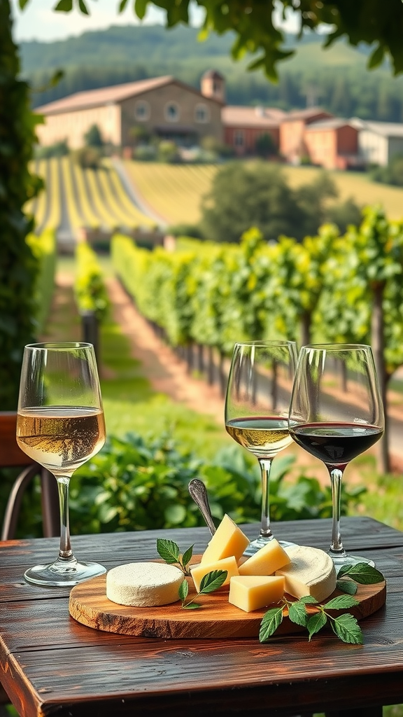 Wine glasses and cheese platter in a vineyard setting