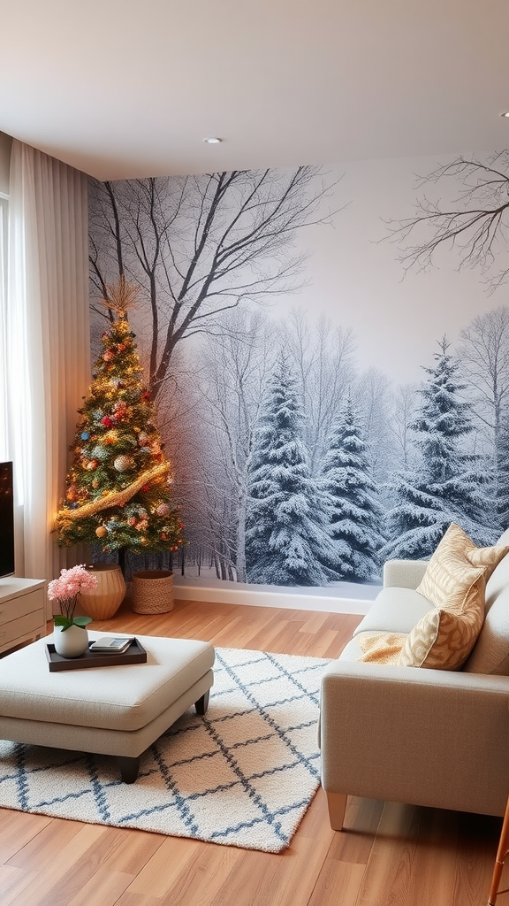 Cozy living room with a winter-themed accent wall featuring snow-covered trees and a decorated Christmas tree.