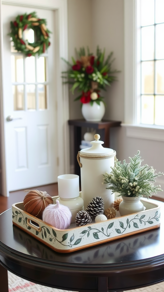 A winter-themed decorative tray with pinecones, ornaments, and greenery