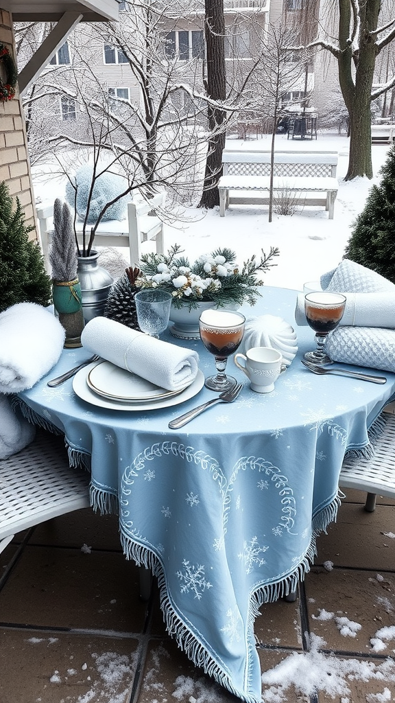 A winter-themed outdoor table setting with a blue snowflake tablecloth, elegant dinnerware, and a festive centerpiece.